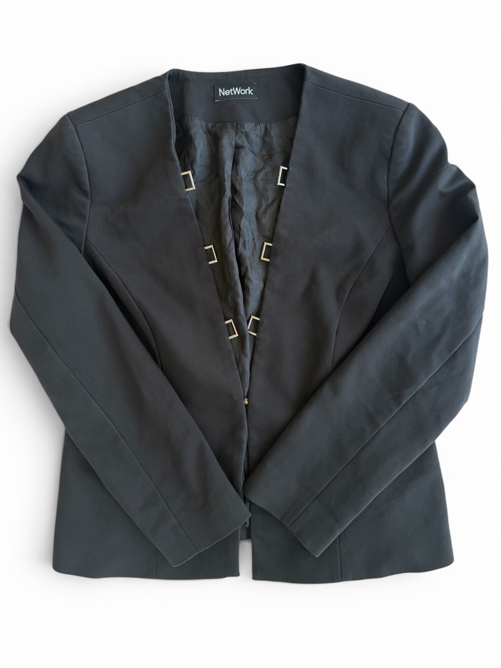 Network Black Minimal Blazer Deep V Open Front Tailored Sleek Jacket M